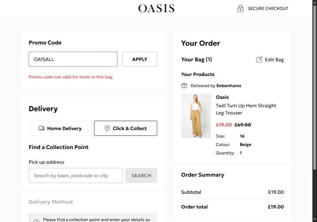 Oasis Clothing checkout page showing Oasis Clothing promo code box | Screenshot taken by SimplyCodes community member on Sep 3, 2025
