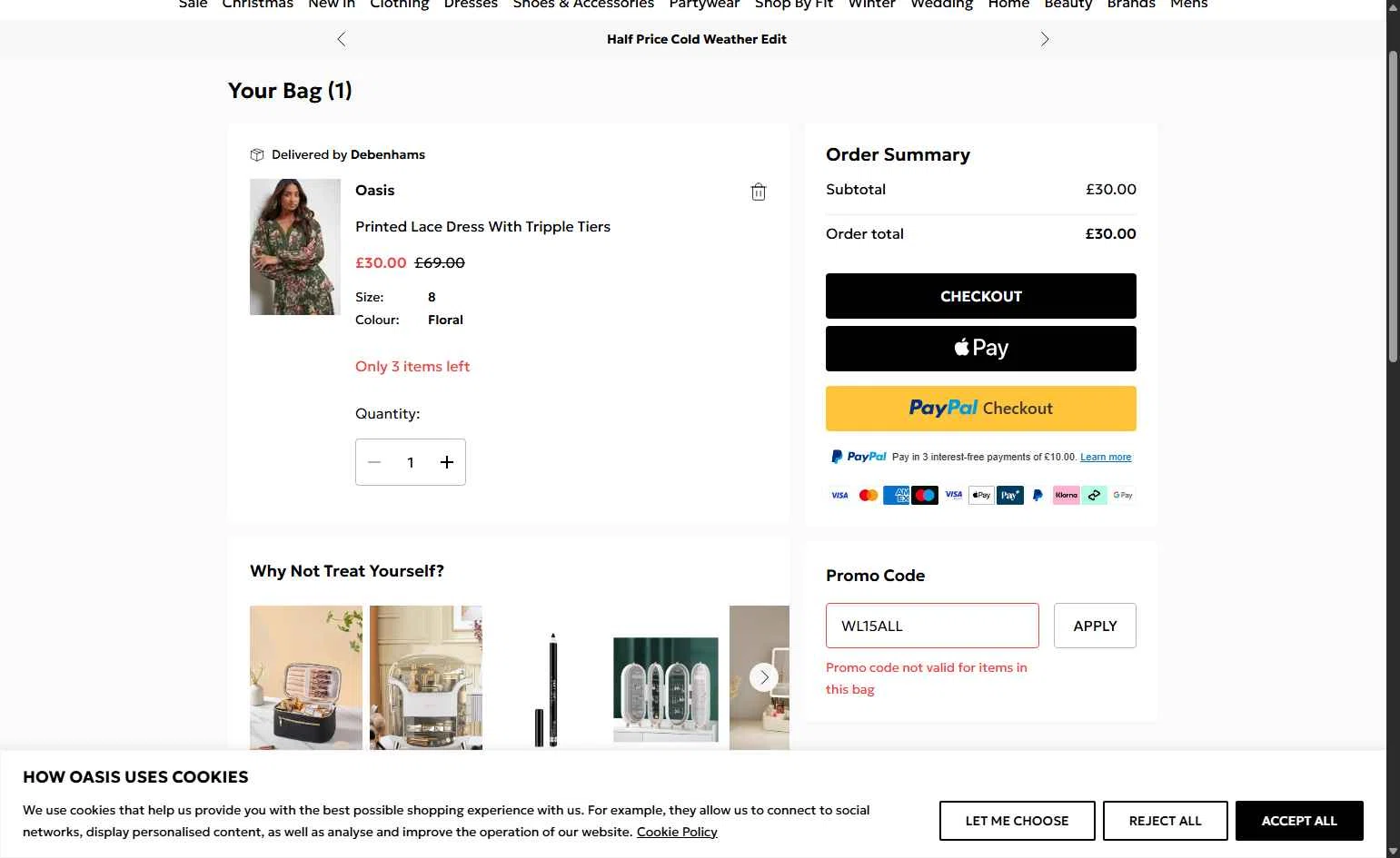 Oasis Clothing checkout page showing Oasis Clothing promo code box | Screenshot taken by SimplyCodes community member on Dec 24, 2025