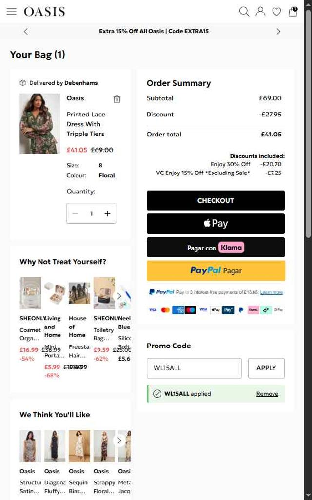 Oasis Clothing checkout page showing Oasis Clothing promo code box | Screenshot taken by SimplyCodes community member on Sep 28, 2025