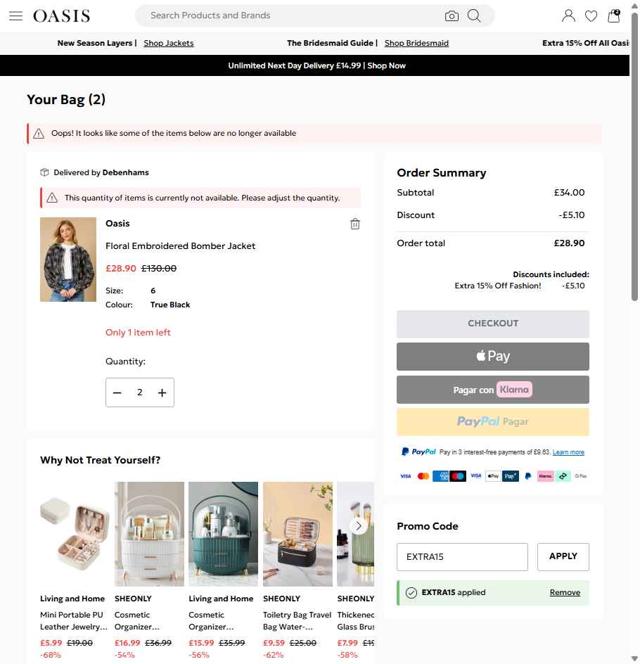Oasis Clothing checkout page showing Oasis Clothing promo code box | Screenshot taken by SimplyCodes community member on Sep 15, 2025