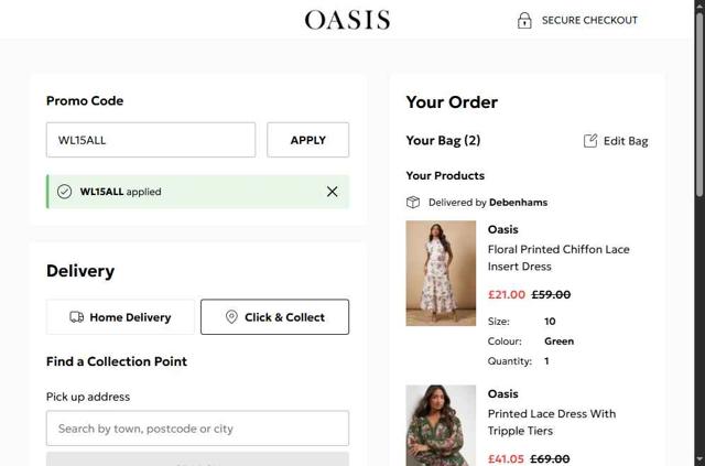 Oasis Clothing checkout page showing Oasis Clothing promo code box | Screenshot taken by SimplyCodes community member on Sep 28, 2025