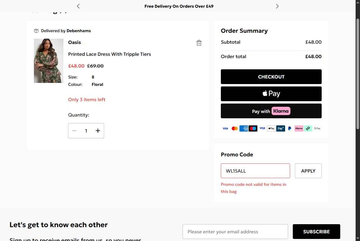 Oasis Clothing checkout page showing Oasis Clothing promo code box | Screenshot taken by SimplyCodes community member on Jan 15, 2026