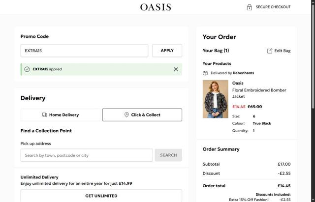 Oasis Clothing checkout page showing Oasis Clothing promo code box | Screenshot taken by SimplyCodes community member on Sep 27, 2025