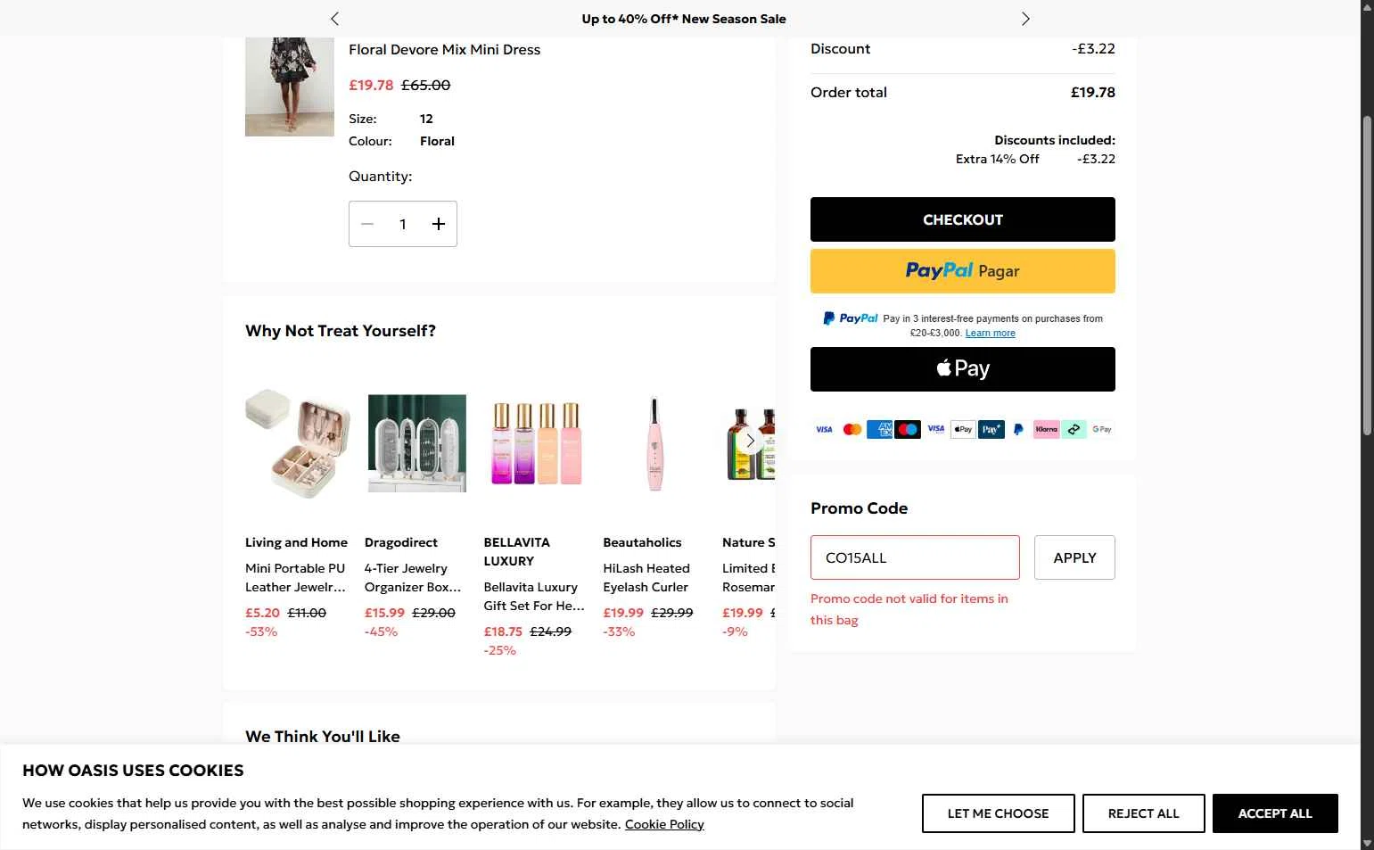 Oasis Clothing checkout page showing Oasis Clothing promo code box | Screenshot taken by SimplyCodes community member on Feb 12, 2026