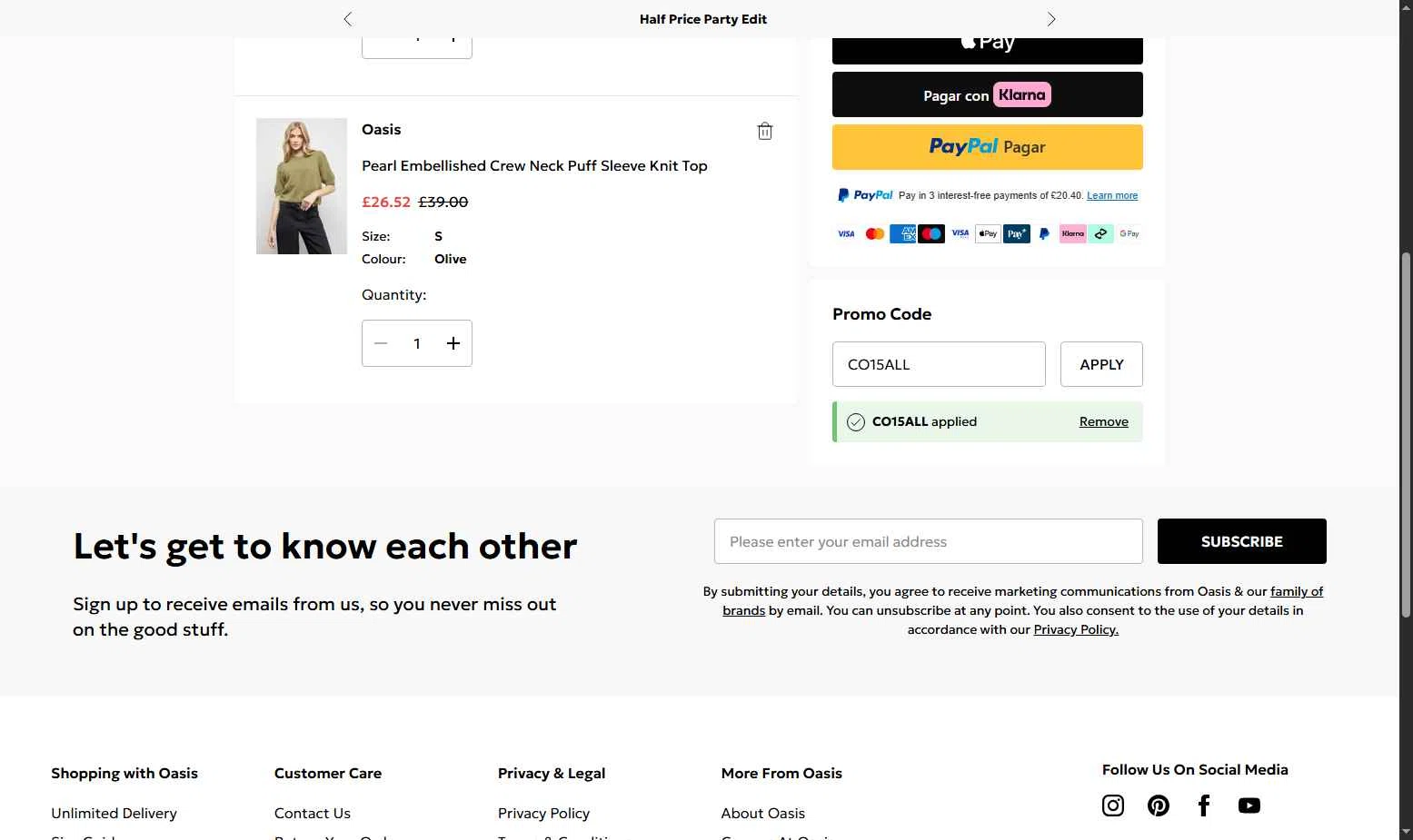 Oasis Clothing checkout page showing Oasis Clothing promo code box | Screenshot taken by SimplyCodes community member on Dec 8, 2025