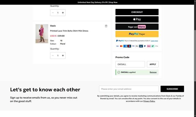 Oasis Clothing checkout page showing Oasis Clothing promo code box | Screenshot taken by SimplyCodes community member on Sep 15, 2025