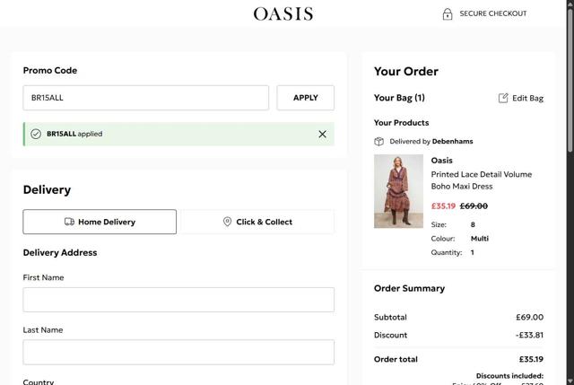 Oasis Clothing checkout page showing Oasis Clothing promo code box | Screenshot taken by SimplyCodes community member on Oct 6, 2025