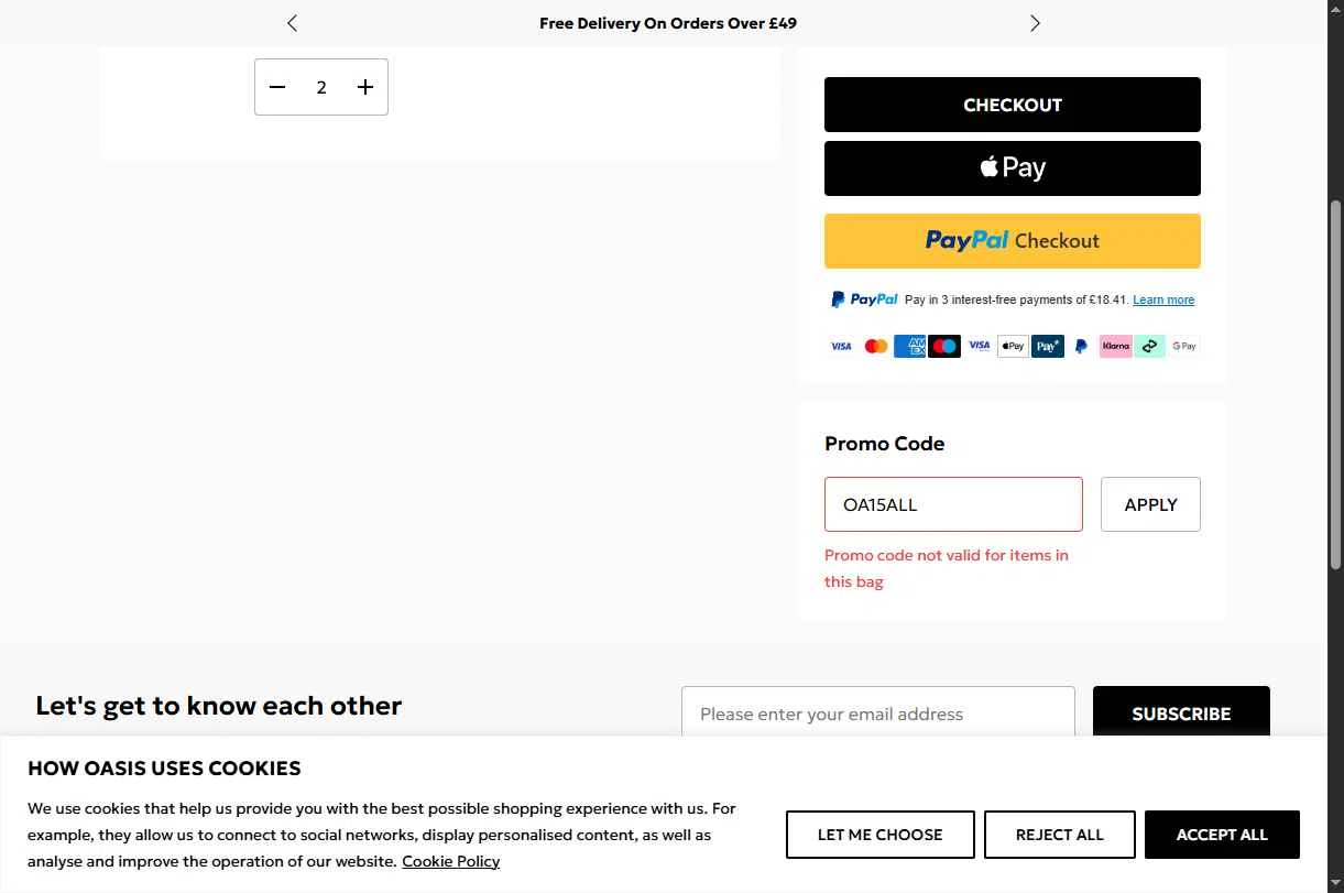 Oasis Clothing checkout page showing Oasis Clothing promo code box | Screenshot taken by SimplyCodes community member on Jan 4, 2026