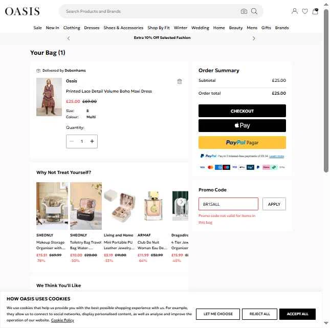 Oasis Clothing checkout page showing Oasis Clothing promo code box | Screenshot taken by SimplyCodes community member on Jan 10, 2026
