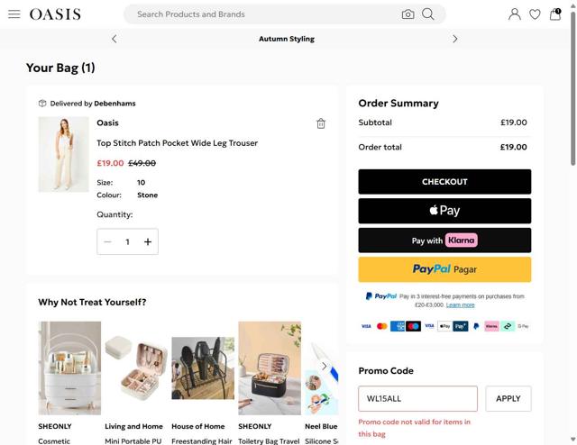 Oasis Clothing checkout page showing Oasis Clothing promo code box | Screenshot taken by SimplyCodes community member on Sep 28, 2025