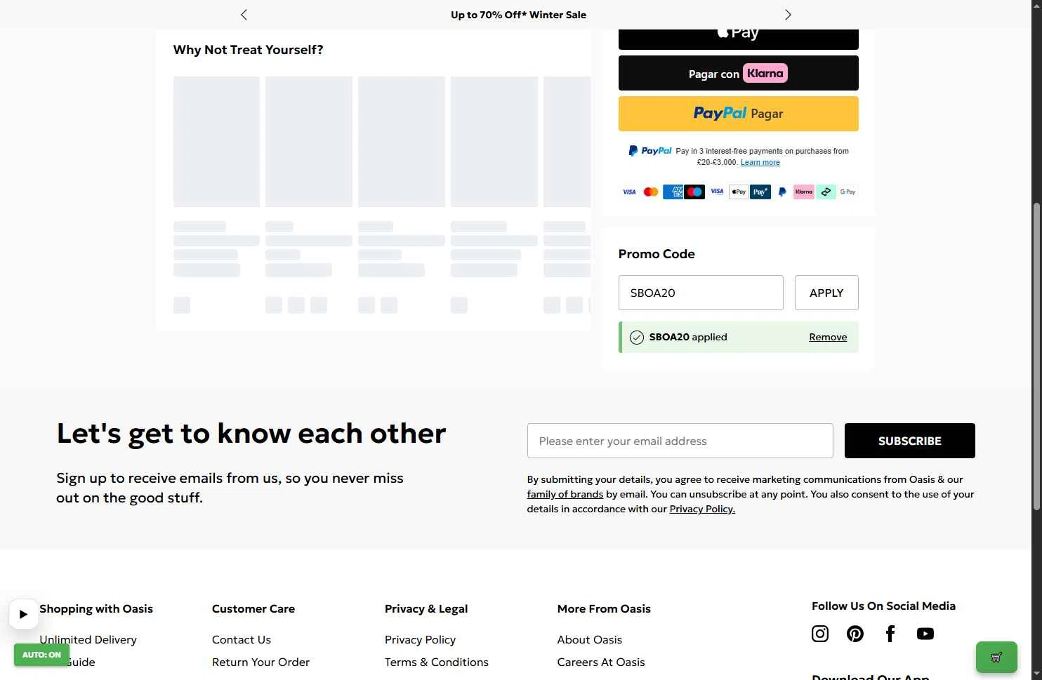 Oasis Clothing checkout page showing Oasis Clothing promo code box | Screenshot taken by SimplyCodes community member on Jan 24, 2026
