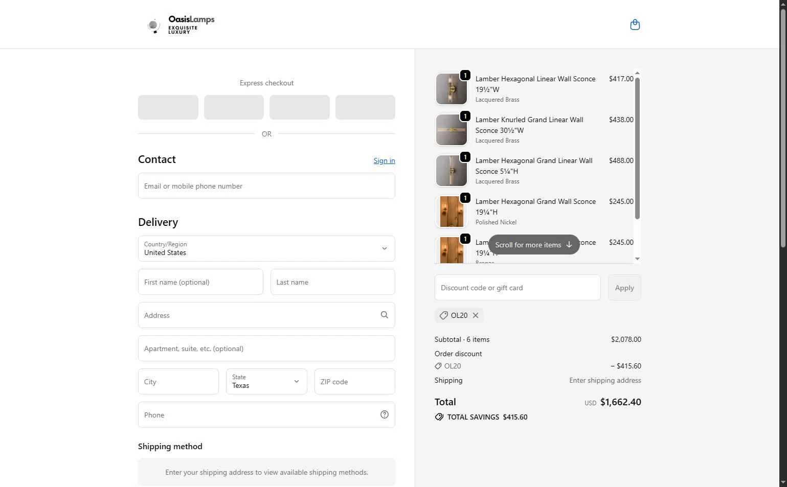OasisLamps checkout page showing OasisLamps promo code box | Screenshot taken by SimplyCodes community member on Jan 9, 2026