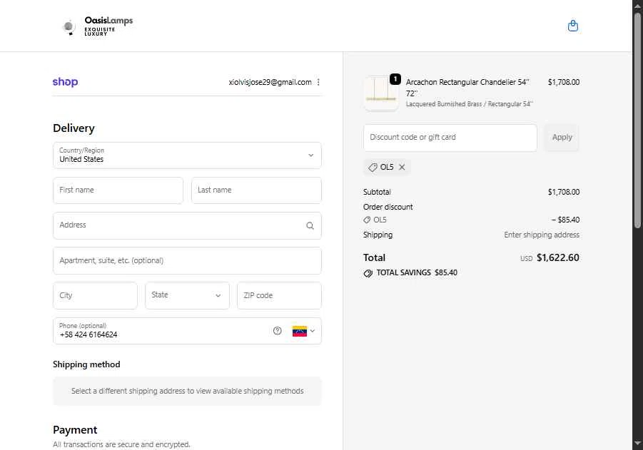 OasisLamps checkout page showing OasisLamps promo code box | Screenshot taken by SimplyCodes community member on Nov 22, 2025