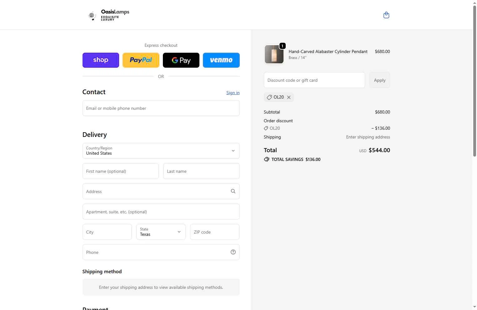 OasisLamps checkout page showing OasisLamps promo code box | Screenshot taken by SimplyCodes community member on Dec 16, 2025