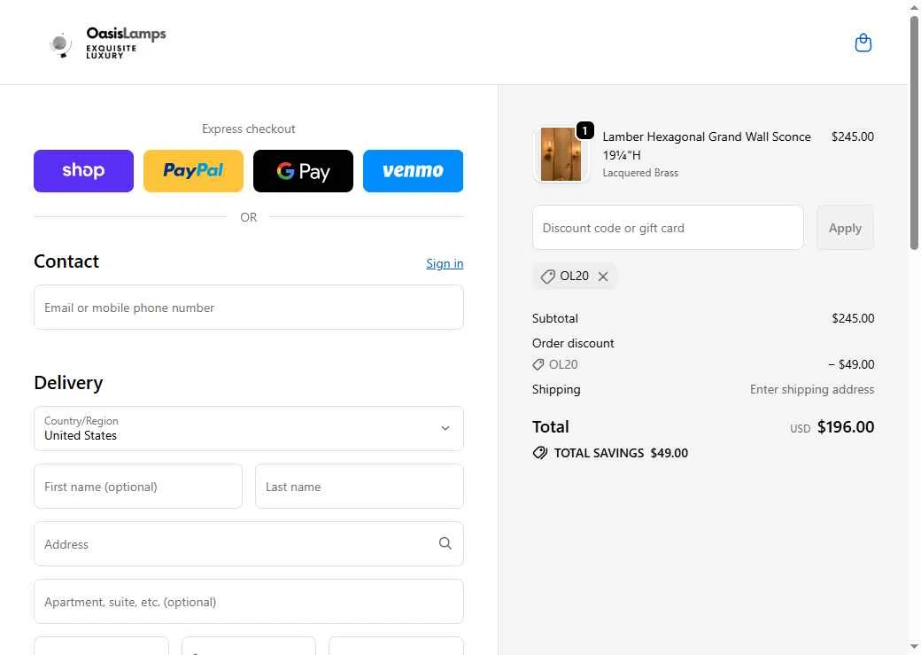 OasisLamps checkout page showing OasisLamps promo code box | Screenshot taken by SimplyCodes community member on Dec 3, 2025