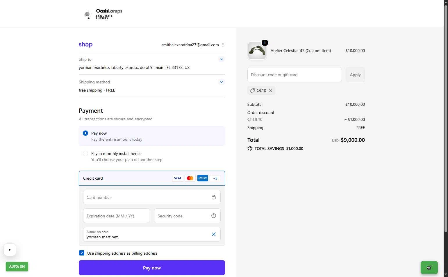 OasisLamps checkout page showing OasisLamps promo code box | Screenshot taken by SimplyCodes community member on Jan 13, 2026