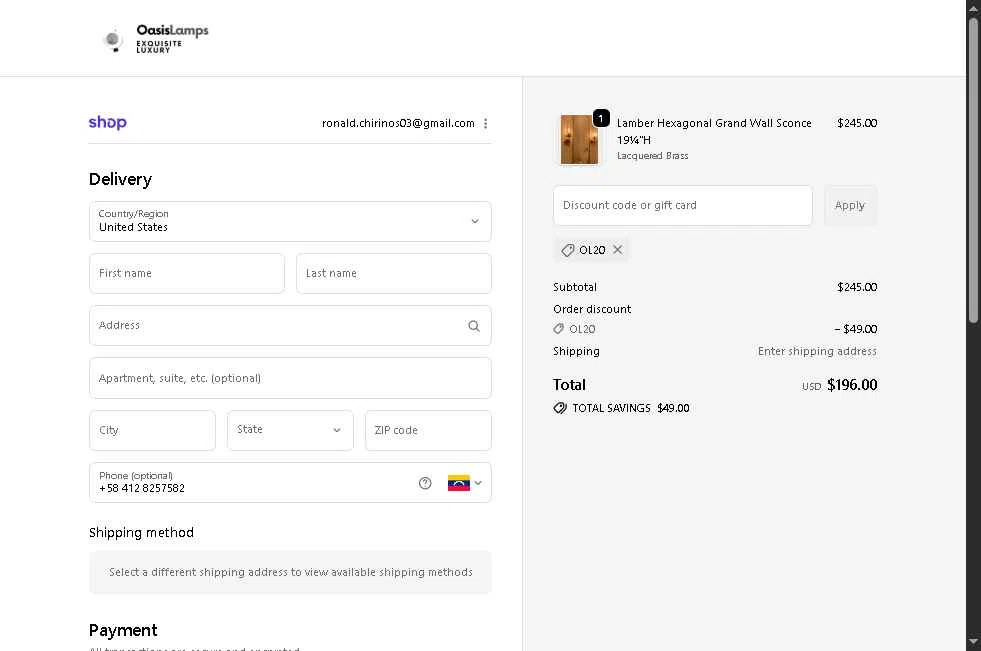 OasisLamps checkout page showing OasisLamps promo code box | Screenshot taken by SimplyCodes community member on Dec 31, 2025