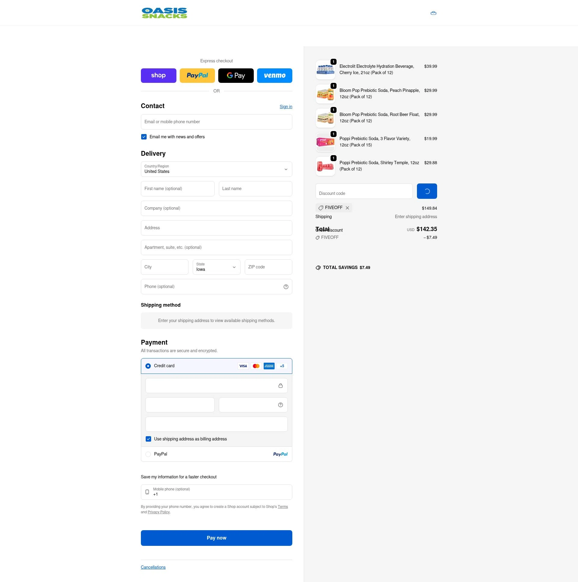 Oasis Snacks checkout page showing Oasis Snacks promo code box | Screenshot taken by SimplyCodes community member on Feb 1, 2026