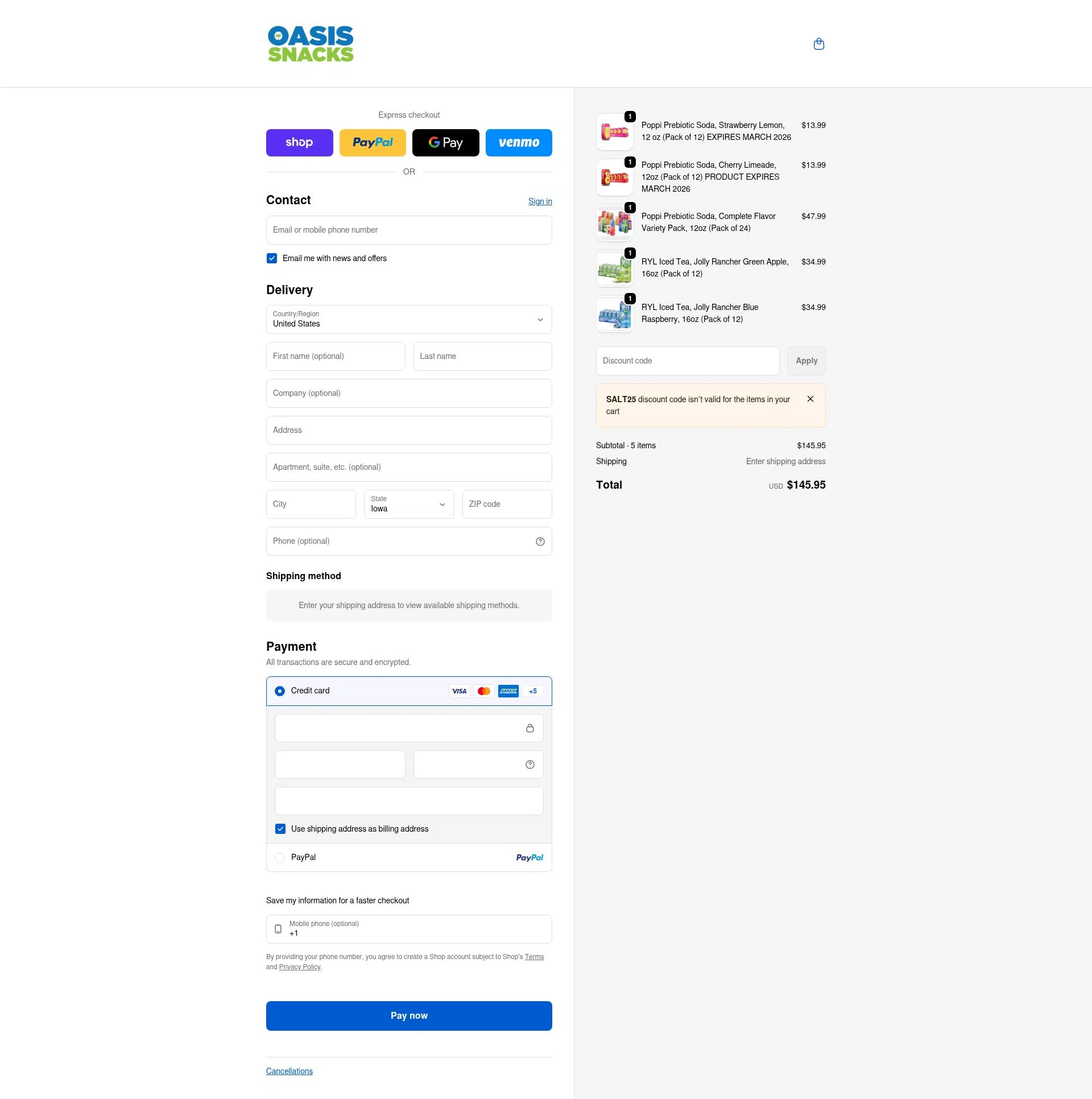 Oasis Snacks checkout page showing Oasis Snacks promo code box | Screenshot taken by SimplyCodes community member on Feb 6, 2026