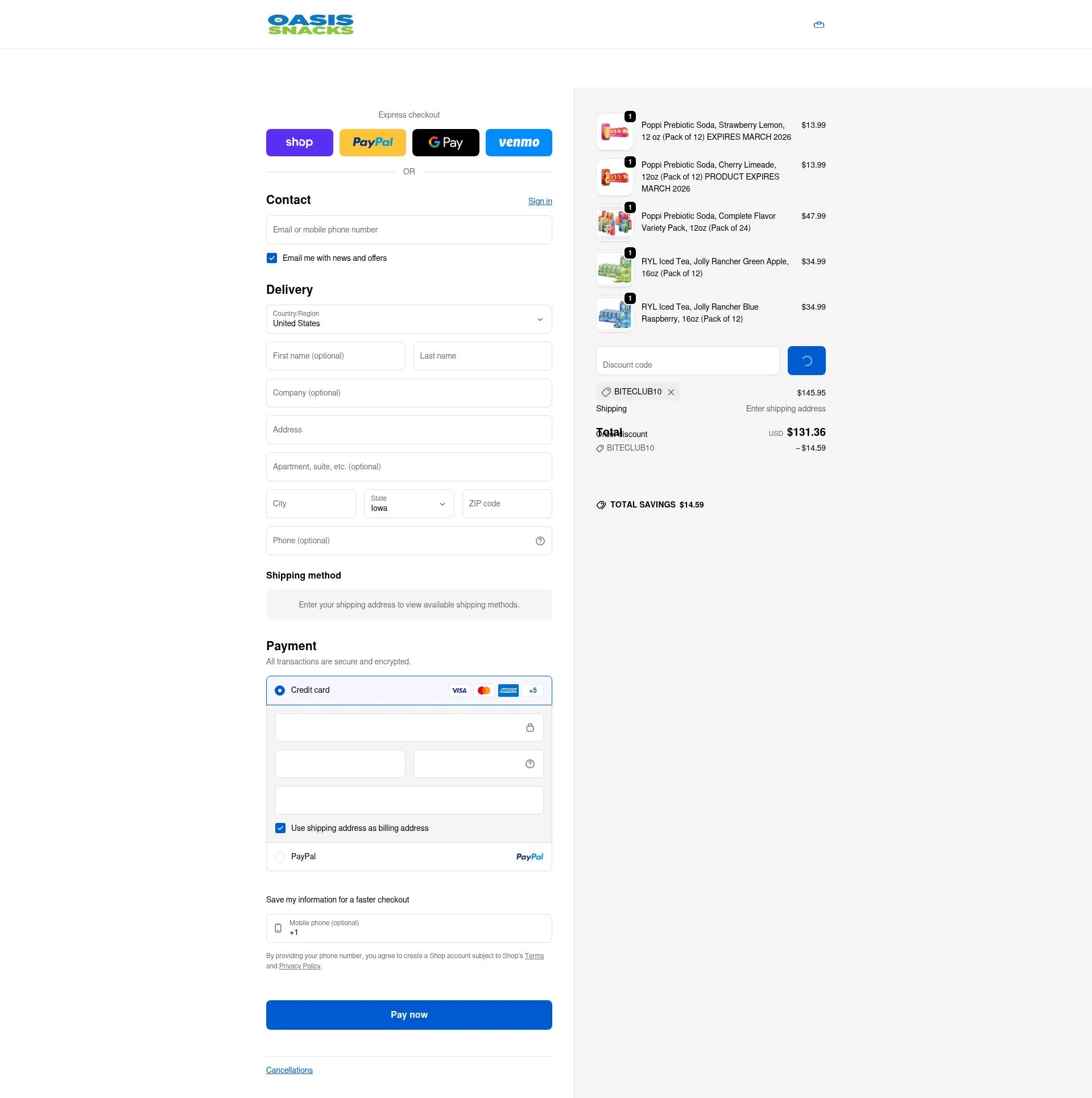 Oasis Snacks checkout page showing Oasis Snacks promo code box | Screenshot taken by SimplyCodes community member on Feb 6, 2026