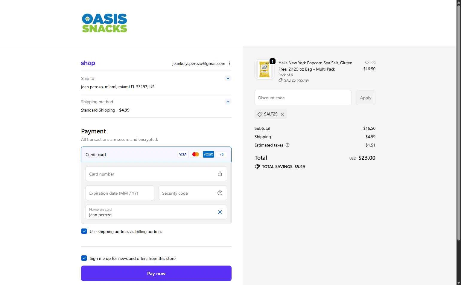 Oasis Snacks checkout page showing Oasis Snacks promo code box | Screenshot taken by SimplyCodes community member on Feb 1, 2026