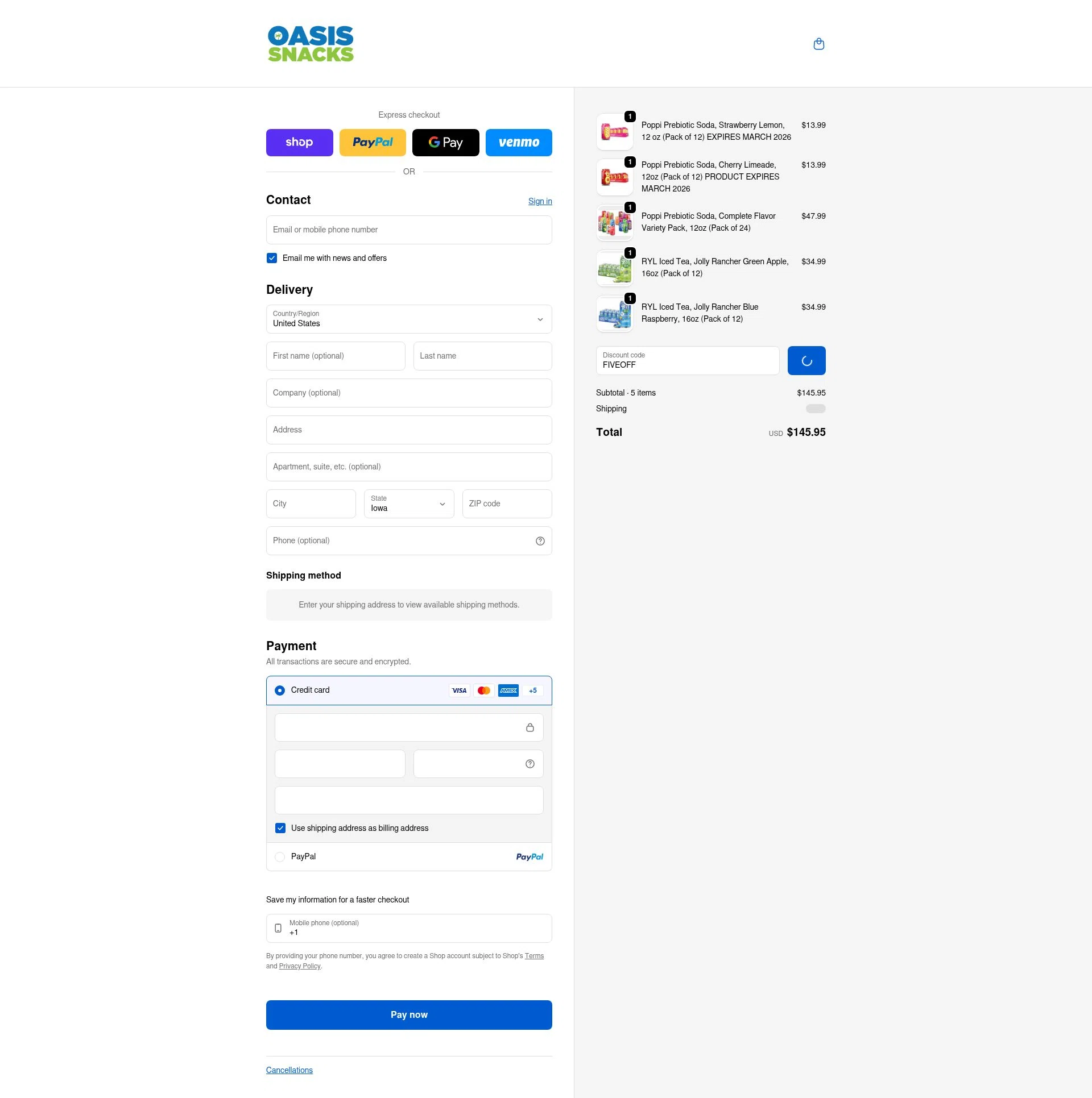 Oasis Snacks checkout page showing Oasis Snacks promo code box | Screenshot taken by SimplyCodes community member on Feb 6, 2026