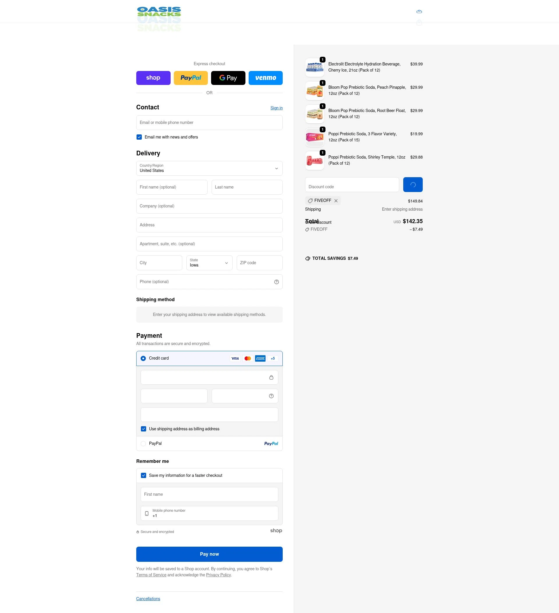 Oasis Snacks checkout page showing Oasis Snacks promo code box | Screenshot taken by SimplyCodes community member on Jan 28, 2026