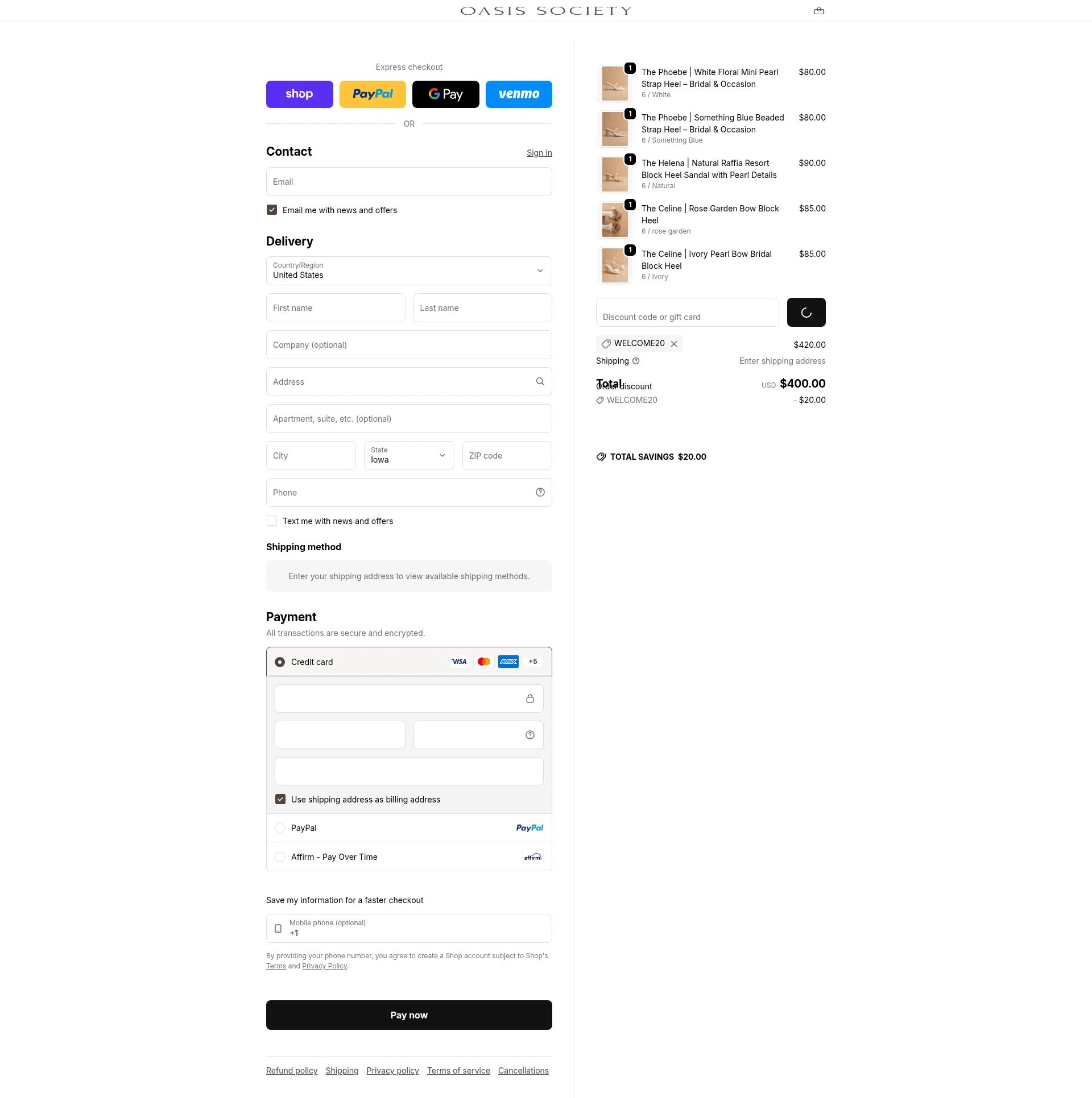 Oasis Society checkout page showing Oasis Society discount code box | Screenshot taken by SimplyCodes community member on Feb 11, 2026