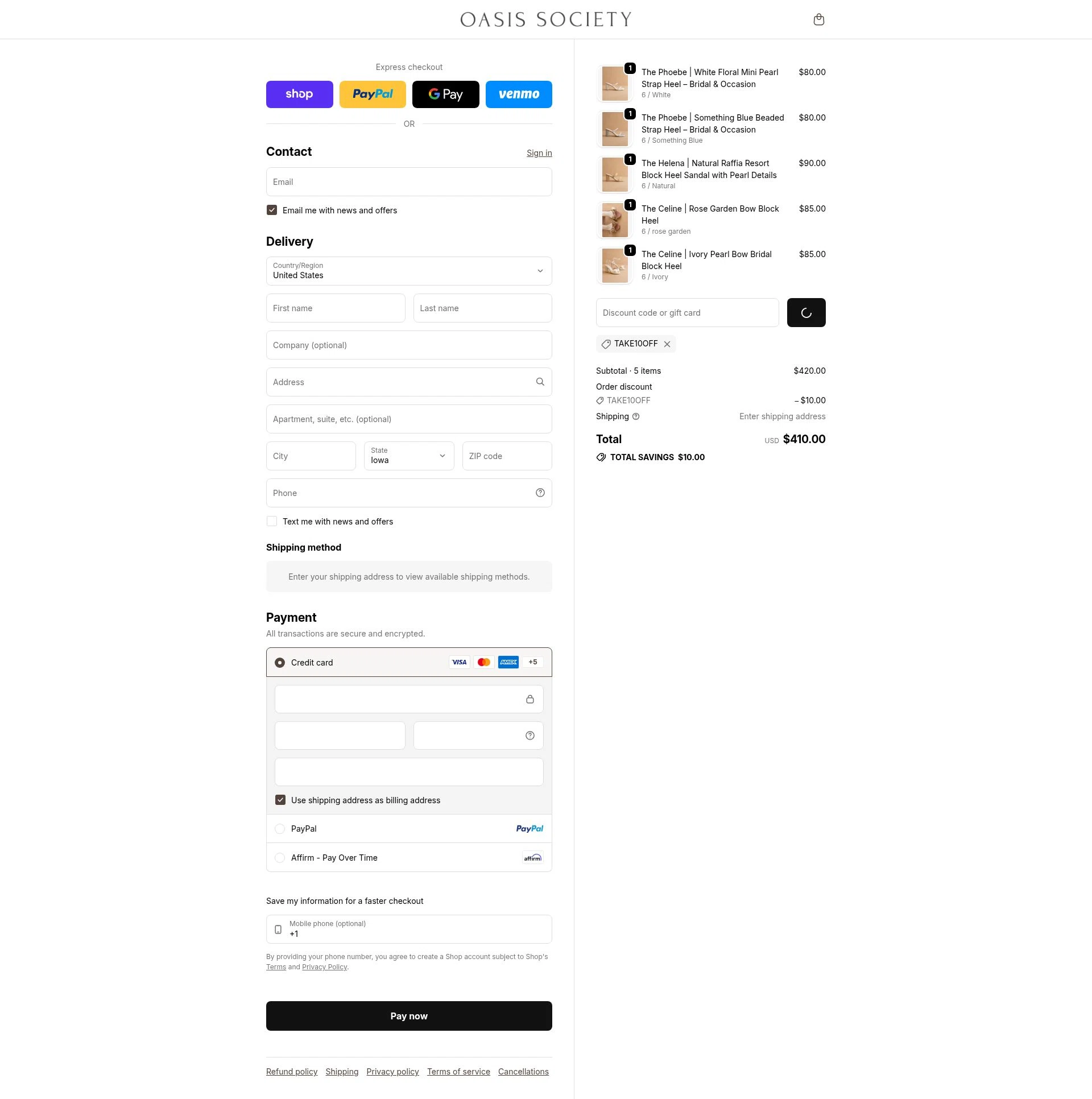 Oasis Society checkout page showing Oasis Society discount code box | Screenshot taken by SimplyCodes community member on Feb 11, 2026