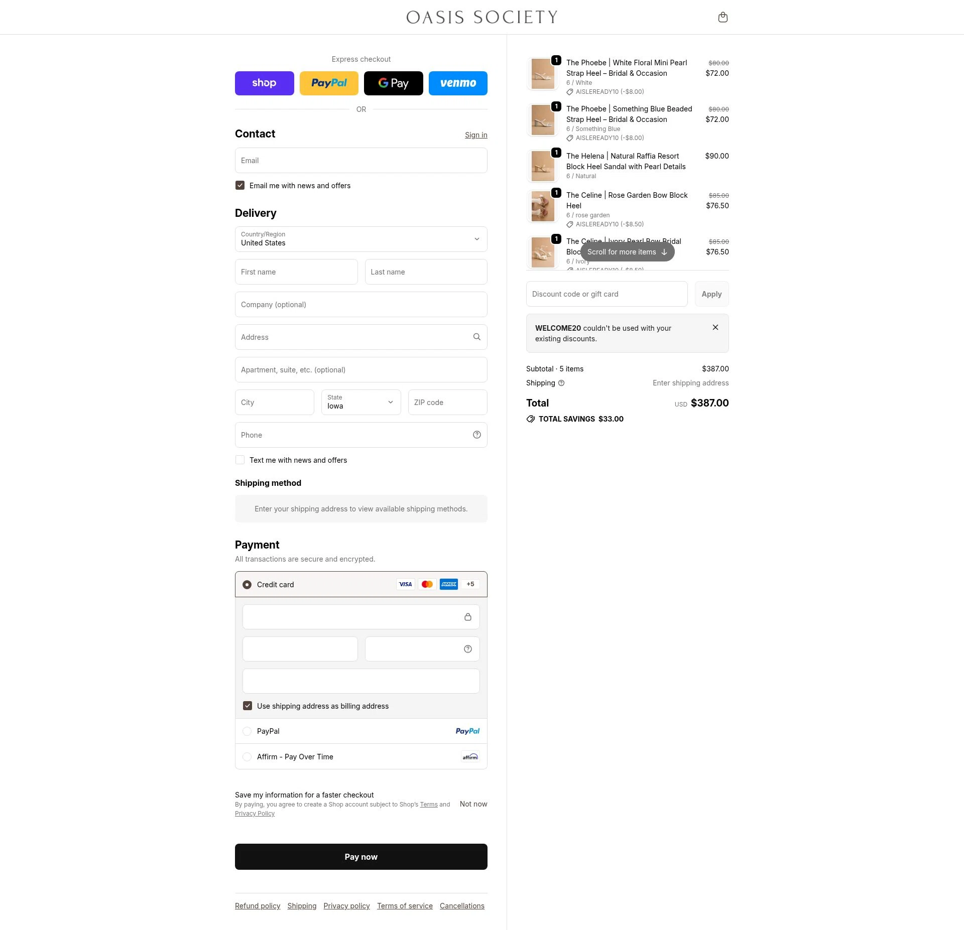 Oasis Society checkout page showing Oasis Society discount code box | Screenshot taken by SimplyCodes community member on Feb 16, 2026