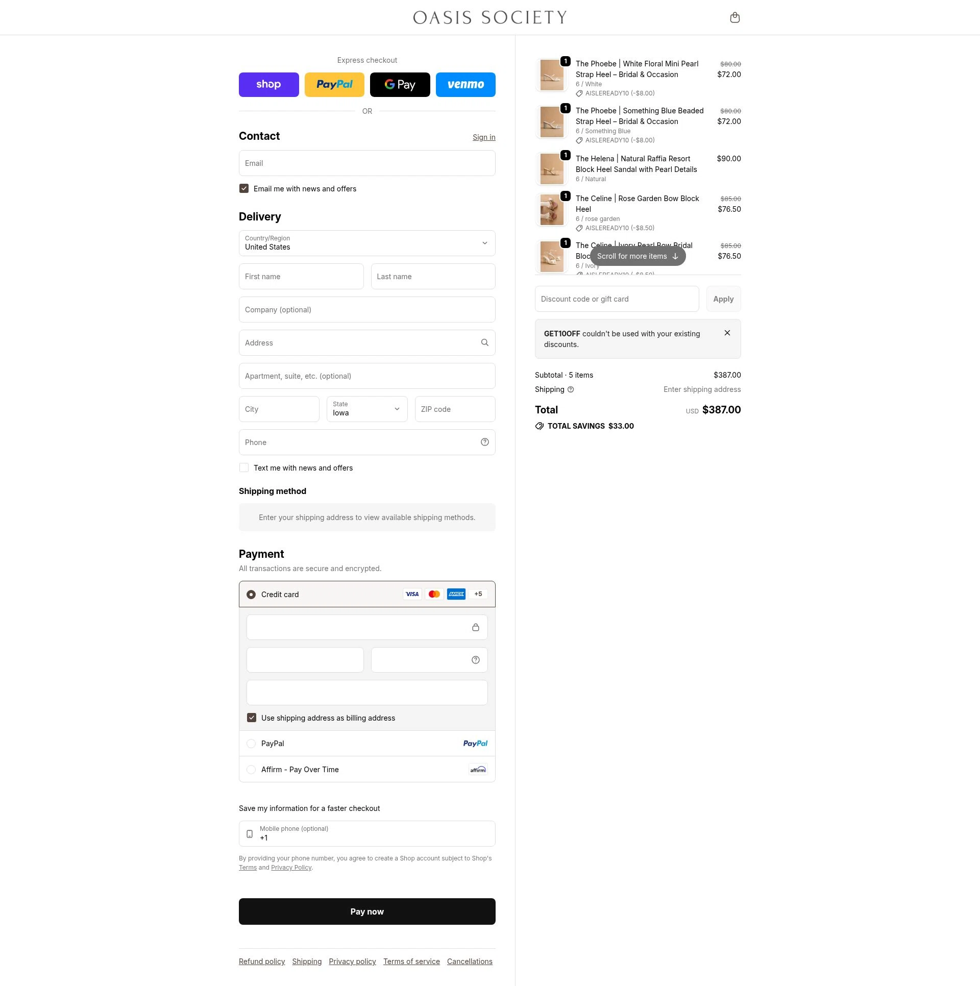 Oasis Society checkout page showing Oasis Society discount code box | Screenshot taken by SimplyCodes community member on Feb 20, 2026