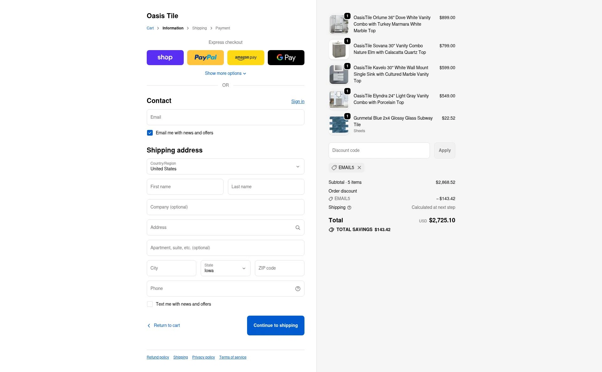 Oasis Tile checkout page showing Oasis Tile discount code box | Screenshot taken by SimplyCodes community member on Dec 1, 2025