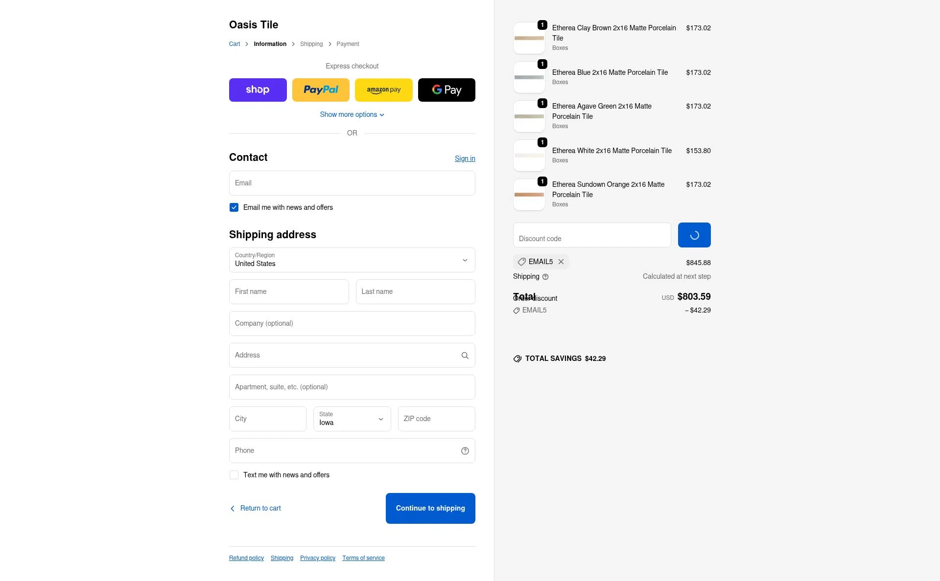 Oasis Tile checkout page showing Oasis Tile discount code box | Screenshot taken by SimplyCodes community member on Dec 29, 2025