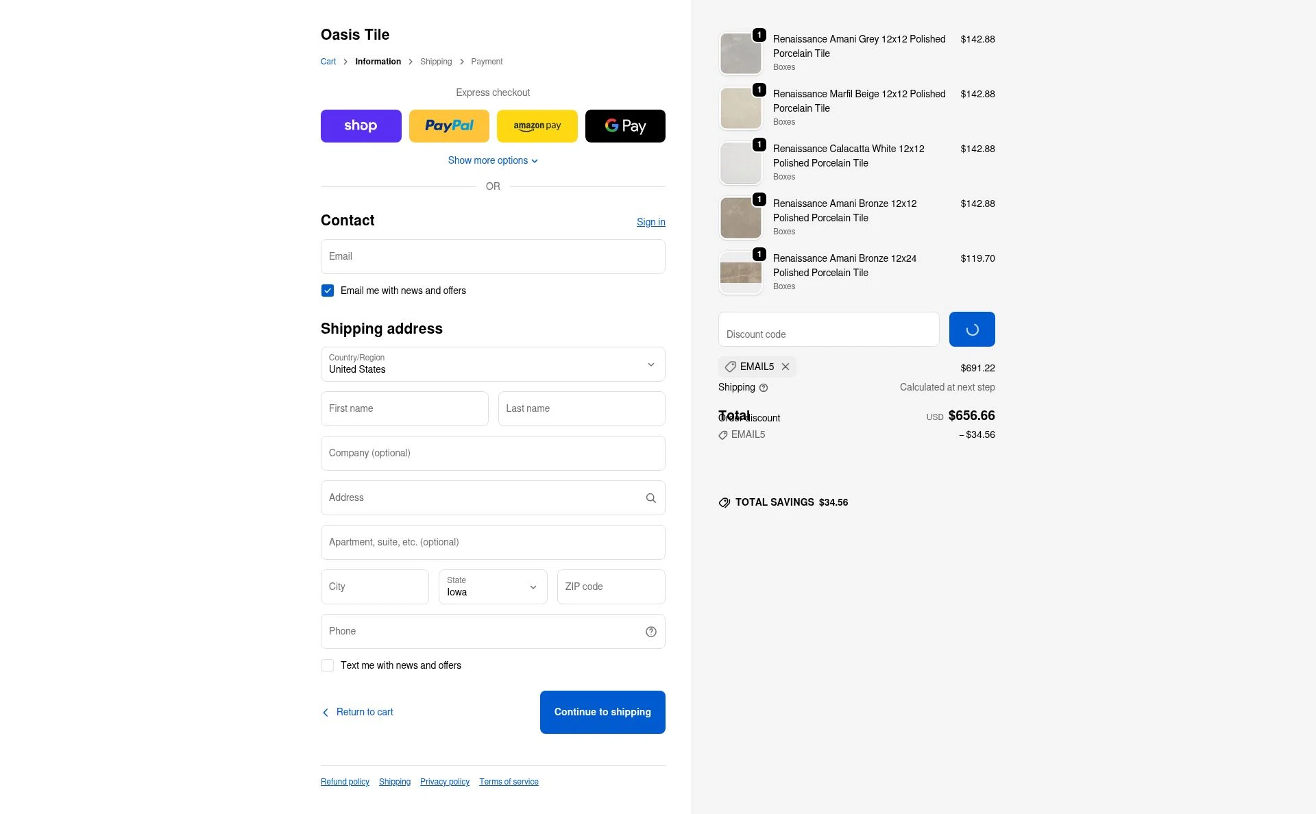 Oasis Tile checkout page showing Oasis Tile discount code box | Screenshot taken by SimplyCodes community member on Jan 8, 2026