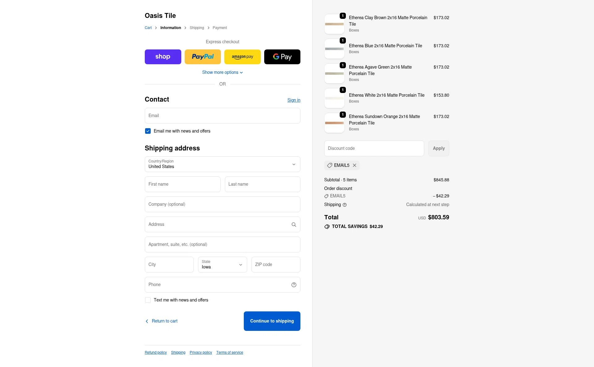 Oasis Tile checkout page showing Oasis Tile discount code box | Screenshot taken by SimplyCodes community member on Jan 3, 2026