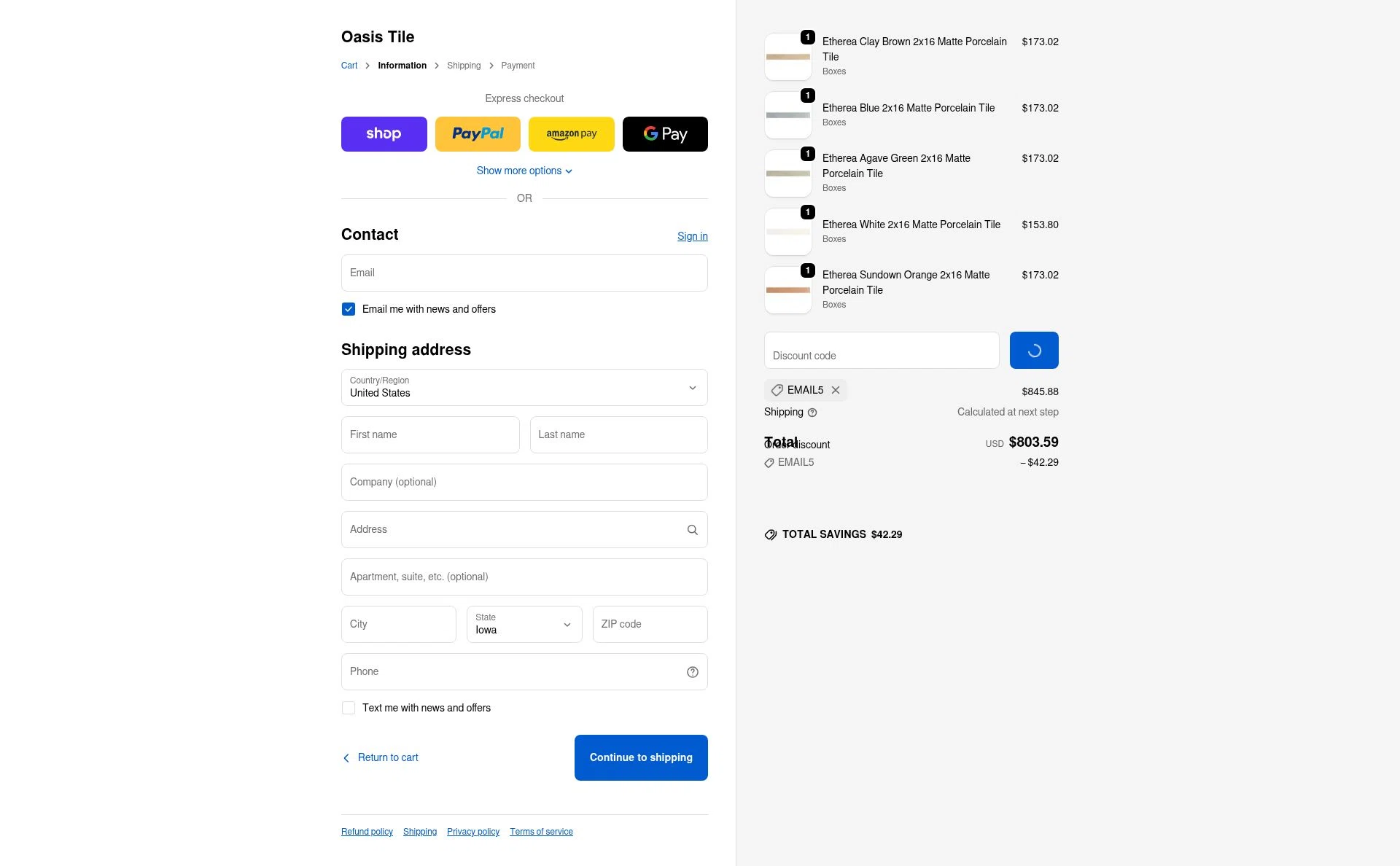 Oasis Tile checkout page showing Oasis Tile discount code box | Screenshot taken by SimplyCodes community member on Dec 24, 2025