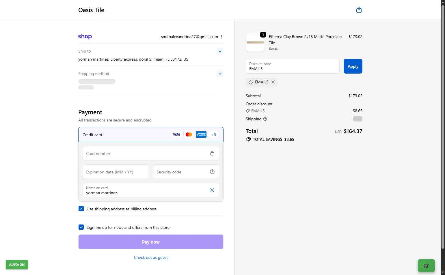 Oasis Tile checkout page showing Oasis Tile discount code box | Screenshot taken by SimplyCodes community member on Dec 1, 2025