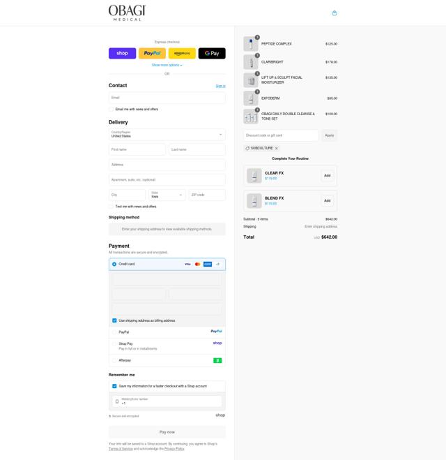 Obagi Medical checkout page showing Obagi Medical discount code box | Screenshot taken by SimplyCodes community member on Sep 13, 2025