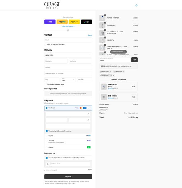 Obagi Medical checkout page showing Obagi Medical discount code box | Screenshot taken by SimplyCodes community member on Sep 9, 2025