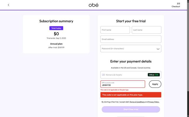 Obe Fitness checkout page showing Obe Fitness promo code box | Screenshot taken by SimplyCodes community member on Aug 27, 2025