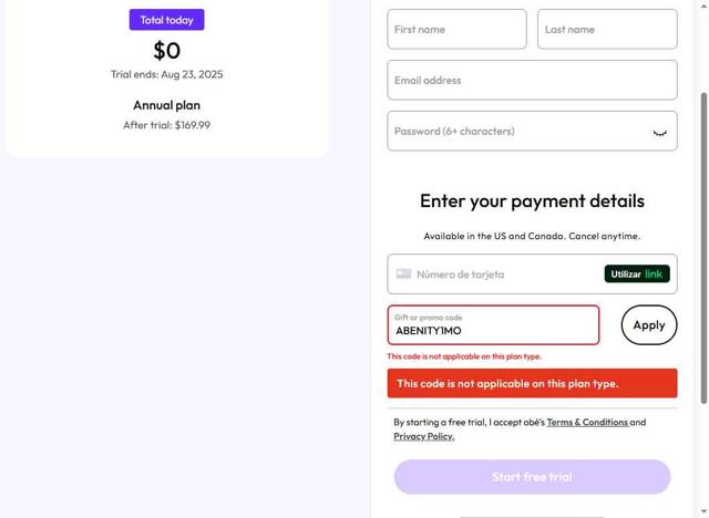Obe Fitness checkout page showing Obe Fitness promo code box | Screenshot taken by SimplyCodes community member on Aug 16, 2025