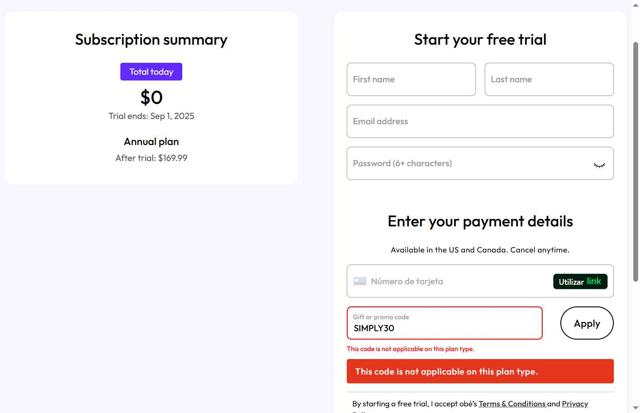 Obe Fitness checkout page showing Obe Fitness promo code box | Screenshot taken by SimplyCodes community member on Aug 25, 2025