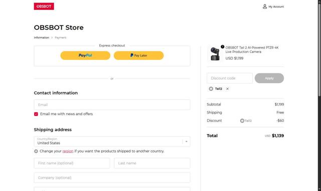 OBSBOT checkout page showing OBSBOT discount code box | Screenshot taken by SimplyCodes community member on Aug 20, 2025