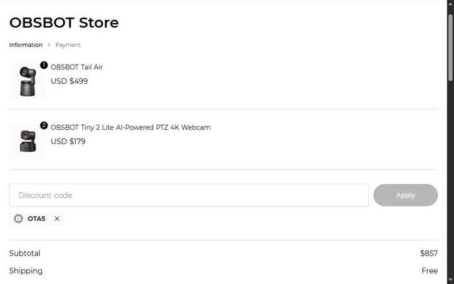 OBSBOT checkout page showing OBSBOT discount code box | Screenshot taken by SimplyCodes community member on Jul 21, 2025