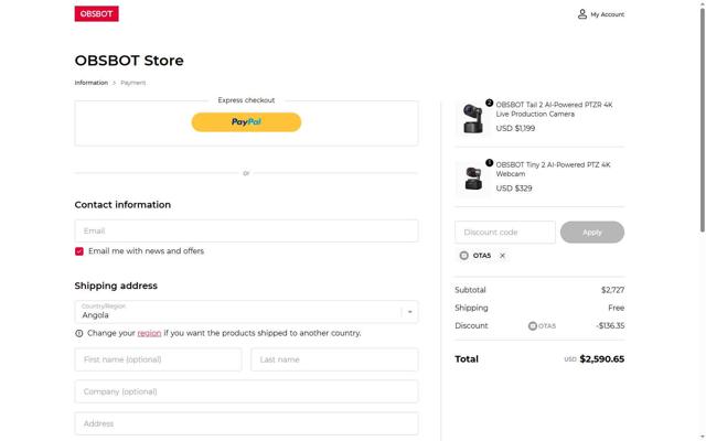 OBSBOT checkout page showing OBSBOT discount code box | Screenshot taken by SimplyCodes community member on Jul 21, 2025