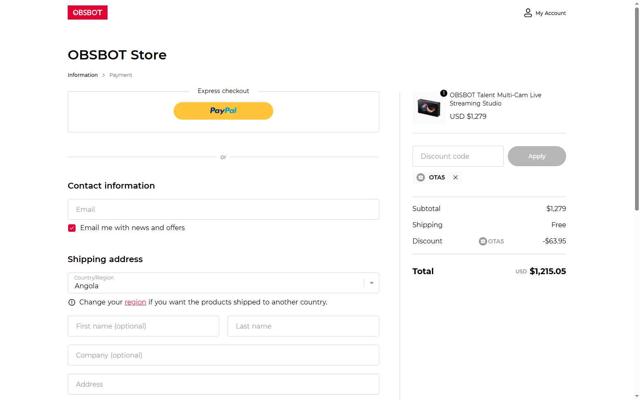 OBSBOT checkout page showing OBSBOT discount code box | Screenshot taken by SimplyCodes community member on Jul 21, 2025