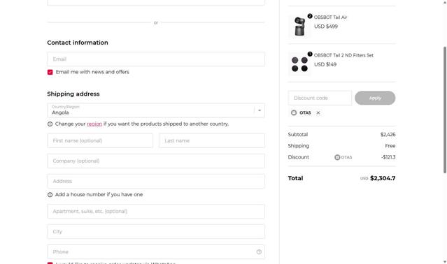 OBSBOT checkout page showing OBSBOT discount code box | Screenshot taken by SimplyCodes community member on Jul 21, 2025
