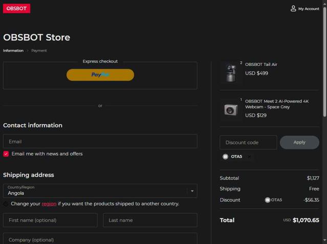OBSBOT checkout page showing OBSBOT discount code box | Screenshot taken by SimplyCodes community member on Jul 21, 2025