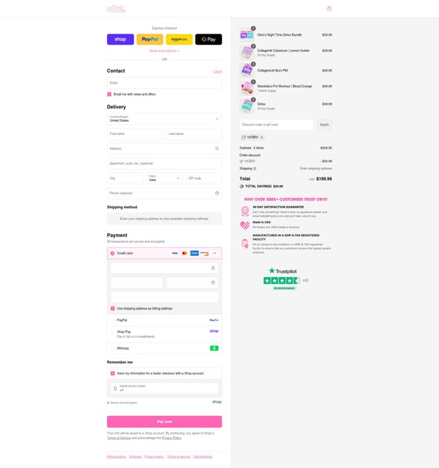 Obvi checkout page showing Obvi discount code box | Screenshot taken by SimplyCodes community member on Sep 4, 2025