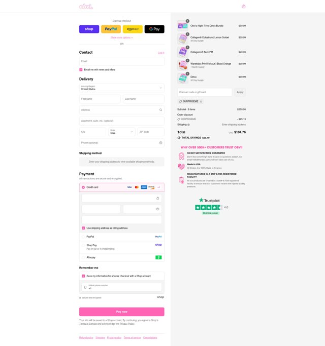 Obvi checkout page showing Obvi discount code box | Screenshot taken by SimplyCodes community member on Sep 4, 2025